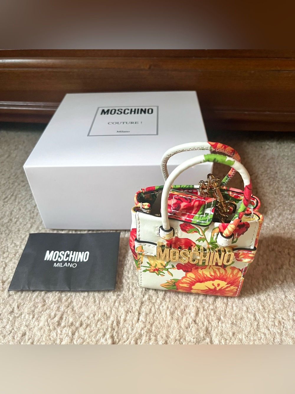 Moschino micro mini white floral leather chain handbag purse